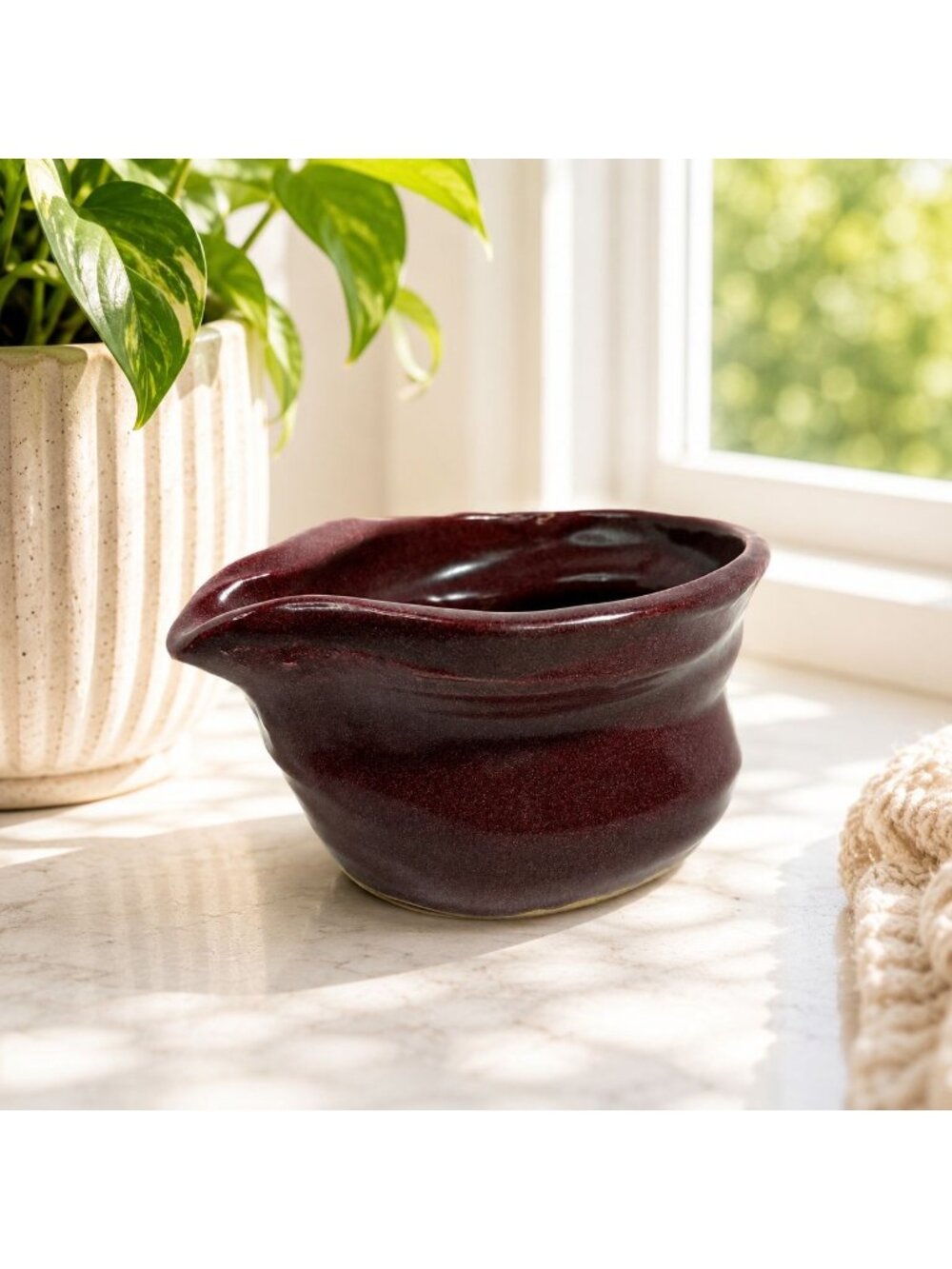 Handcrafted Burgundy Ceramic Batter Bowl Pitcher Rustic Glaze Farmhouse Pottery
